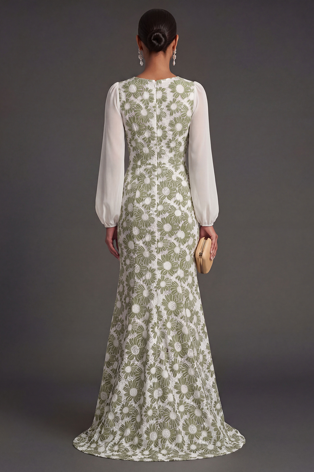 V Neck Mermaid Green Floral Long Wedding Guest Dress with Slit