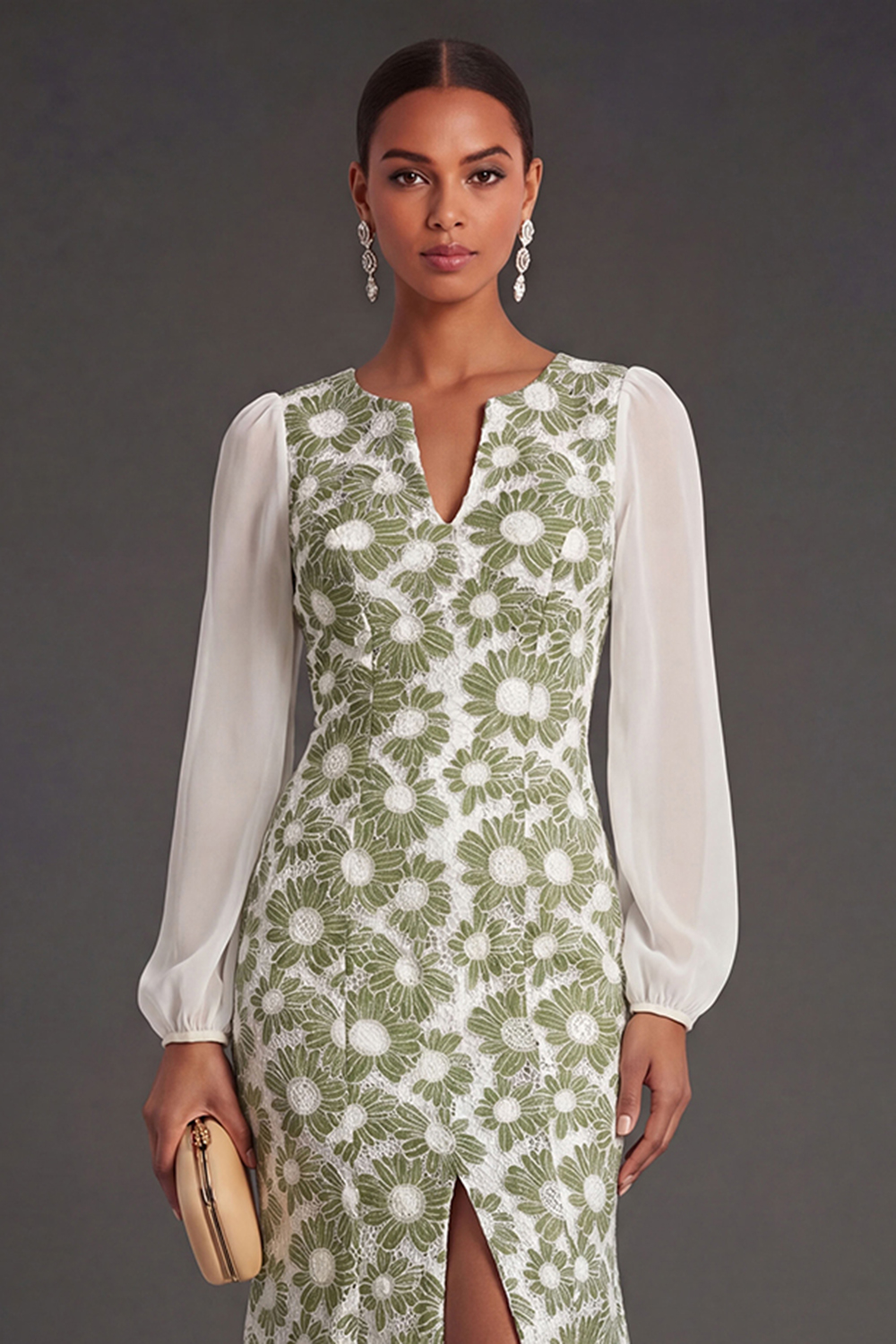 V Neck Mermaid Green Floral Long Wedding Guest Dress with Slit