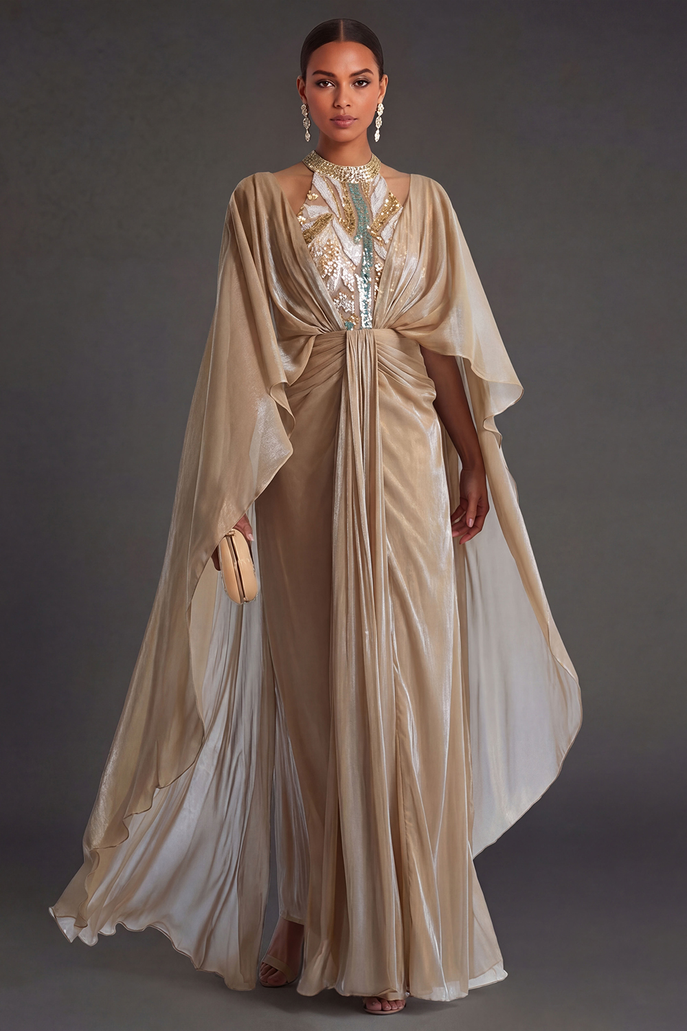 Leely Women Champagne Halter Neck A Line Long Formal Dress Ruffled Sleeveless Wedding Guest Dress with Cape