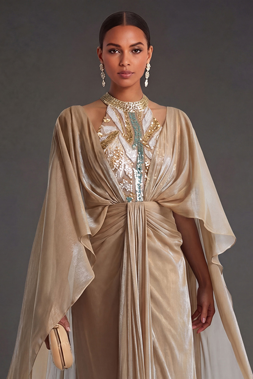 Champagne Ruffled Halter Neck A Line Long Formal Dress