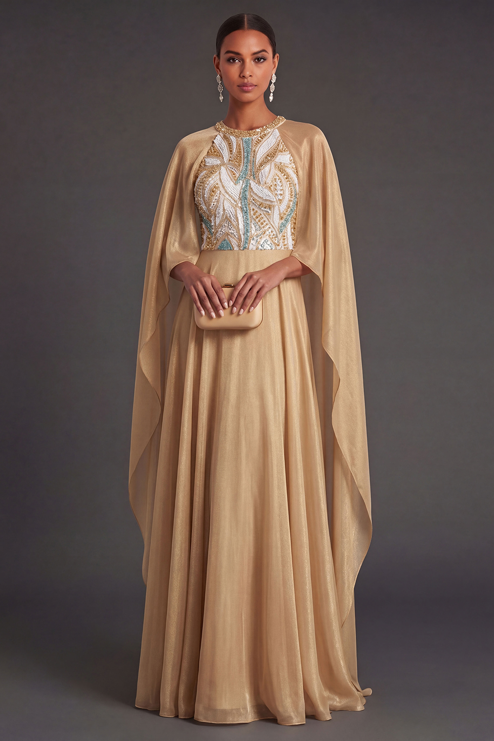 Leely Women A Line Halter Neck Champagne Long Formal Dress with Cape Sleeveless Backless Wedding Guest Dress