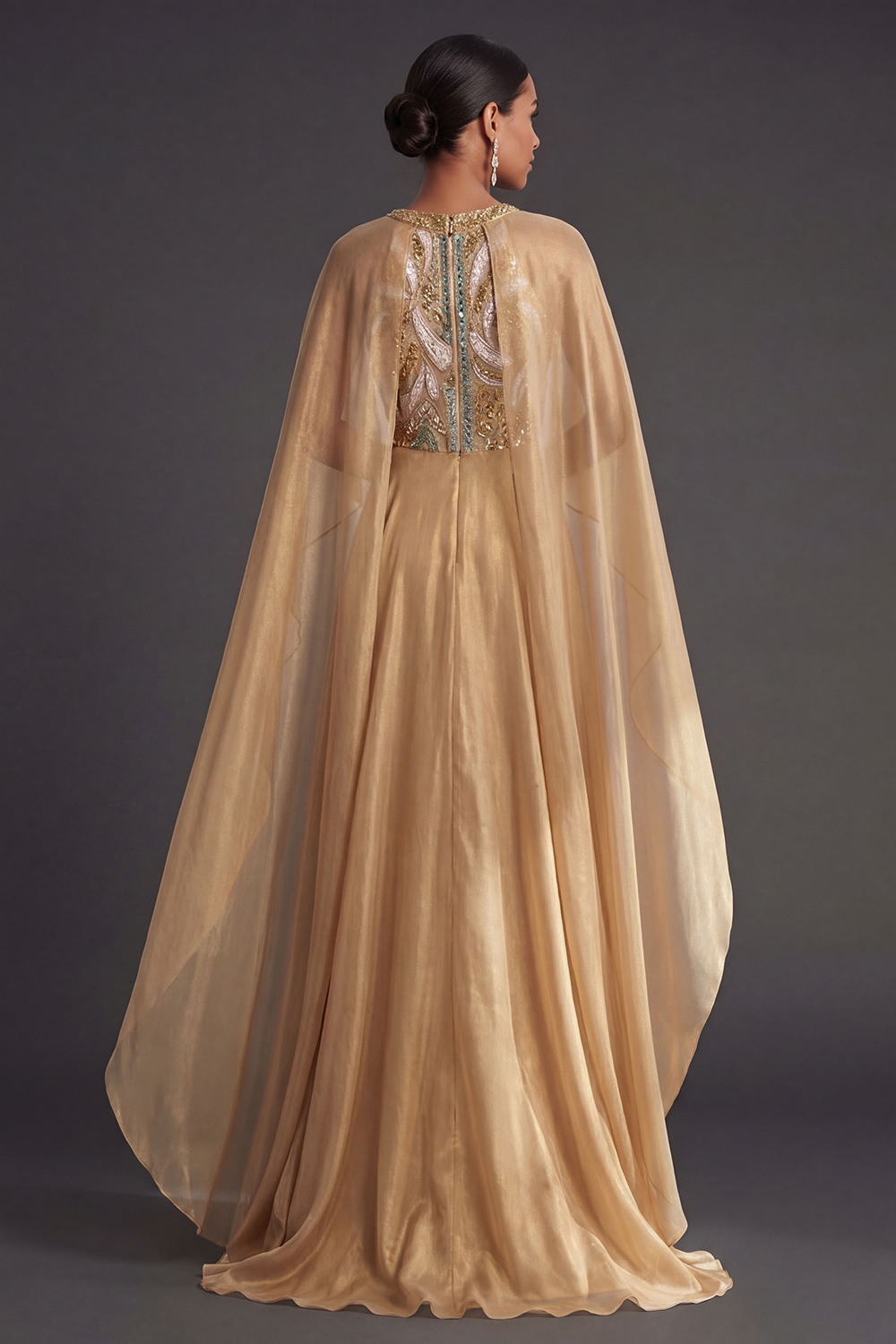 A Line Halter Neck Sleeveless Champagne Long Formal Dress with Cape