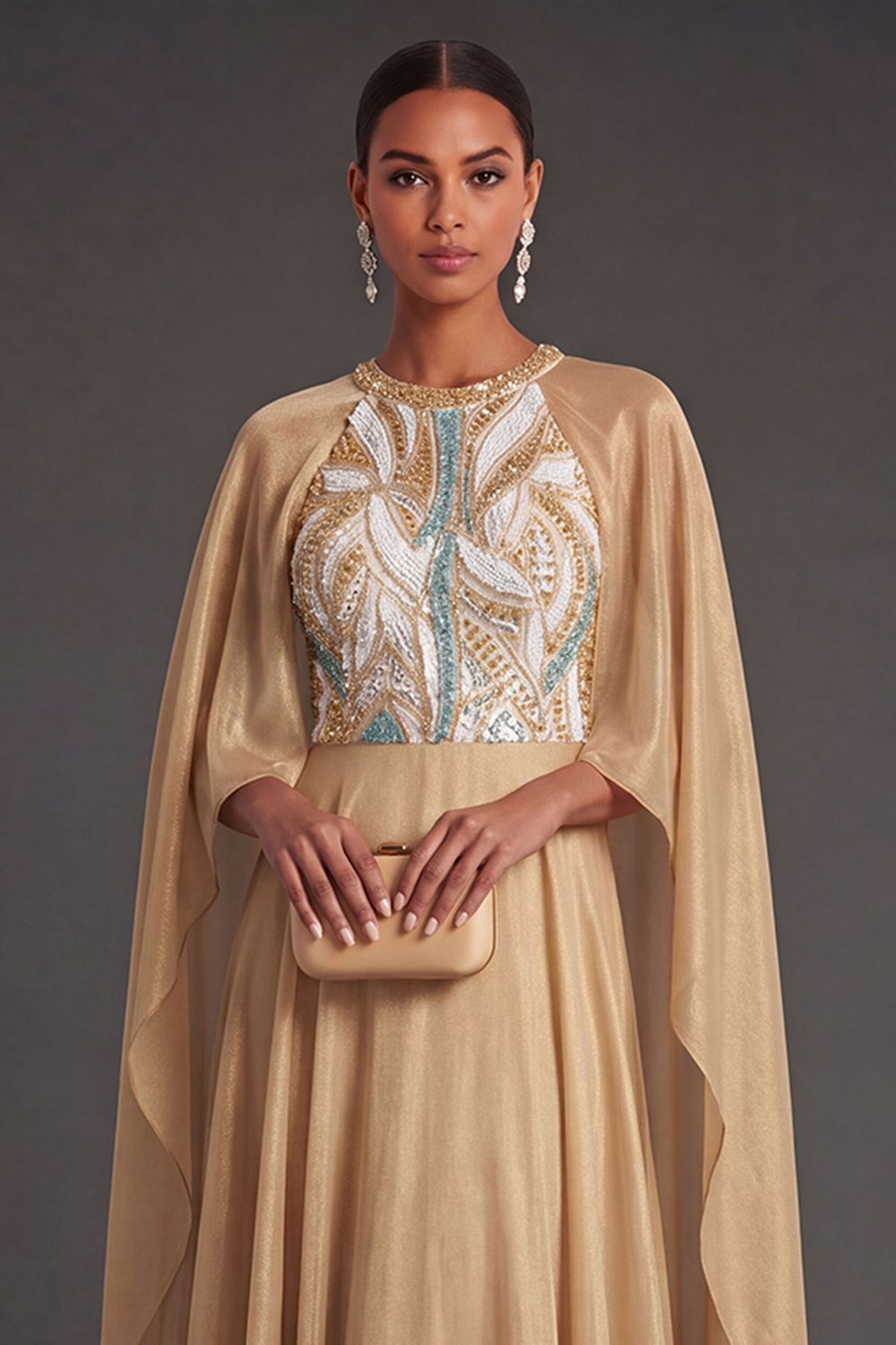 A Line Halter Neck Sleeveless Champagne Long Formal Dress with Cape