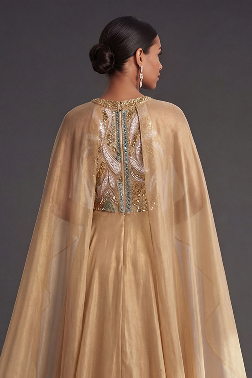 A Line Halter Neck Sleeveless Champagne Long Formal Dress with Cape