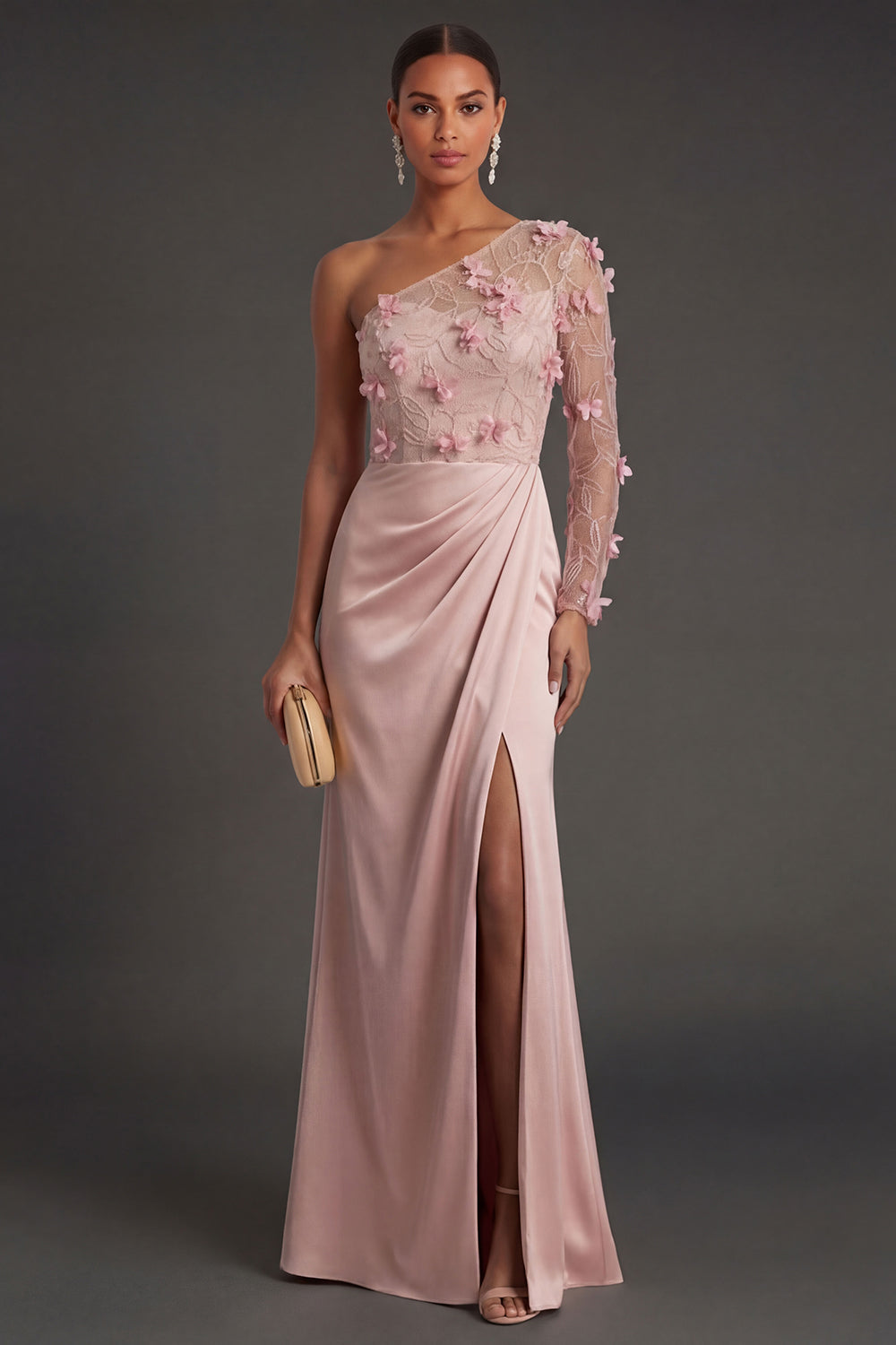 Dusty Rose Floral Sheath Ruched One Shoulder Long Formal Dress with Slit