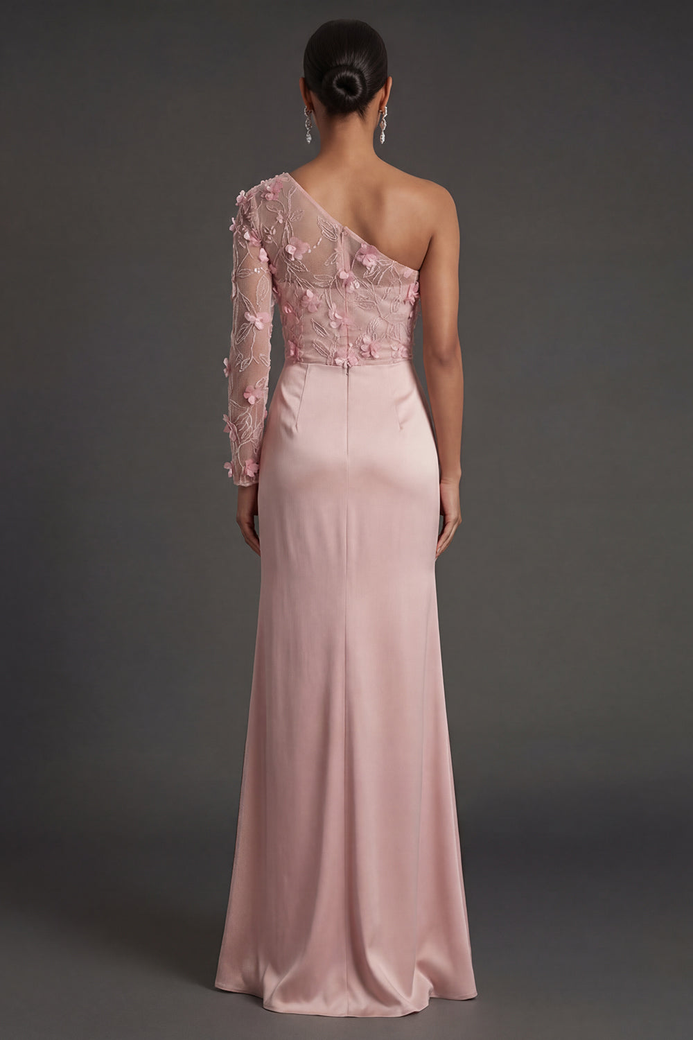 Dusty Rose Floral Sheath Ruched One Shoulder Long Formal Dress with Slit