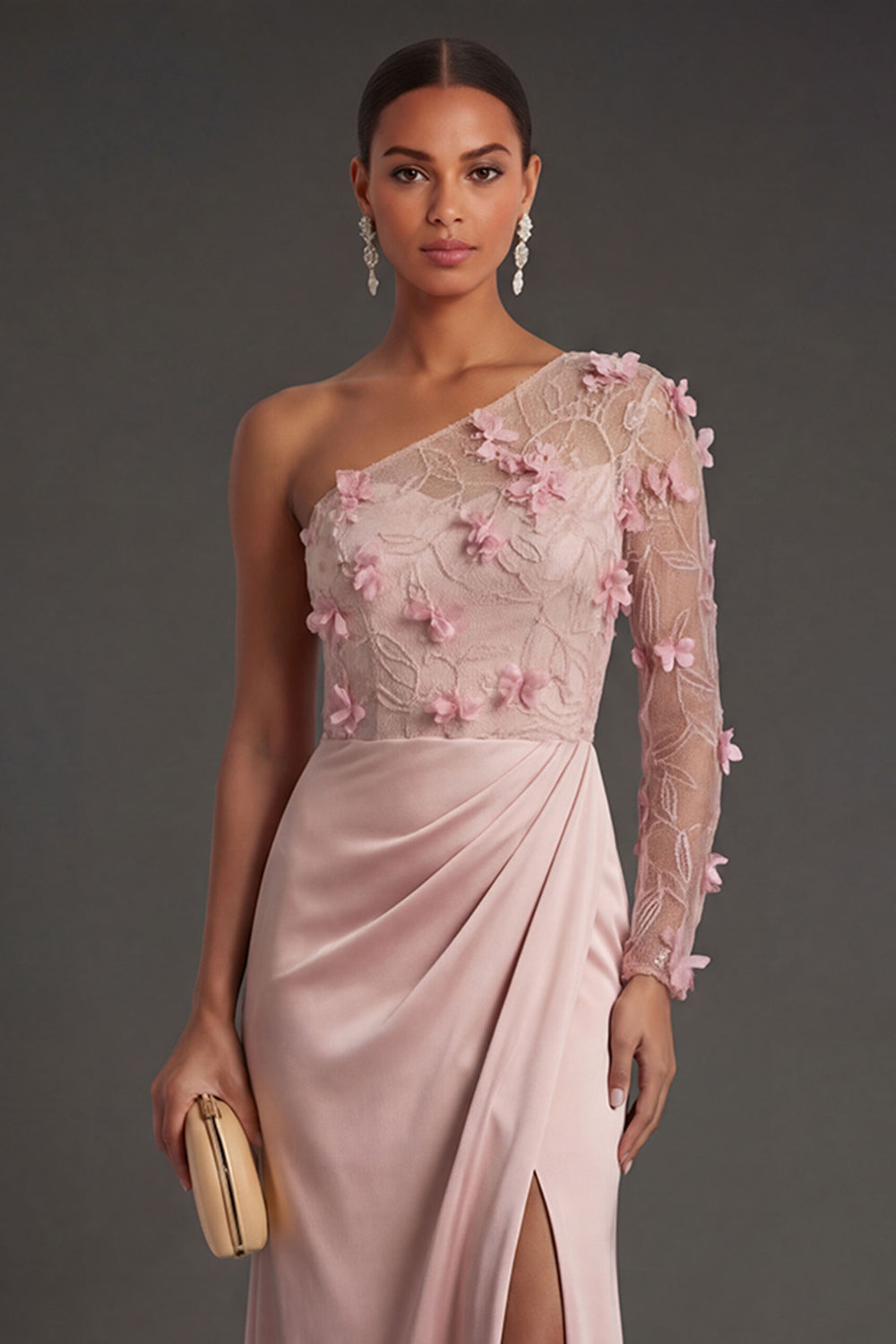 Dusty Rose Floral Sheath Ruched One Shoulder Long Formal Dress with Slit