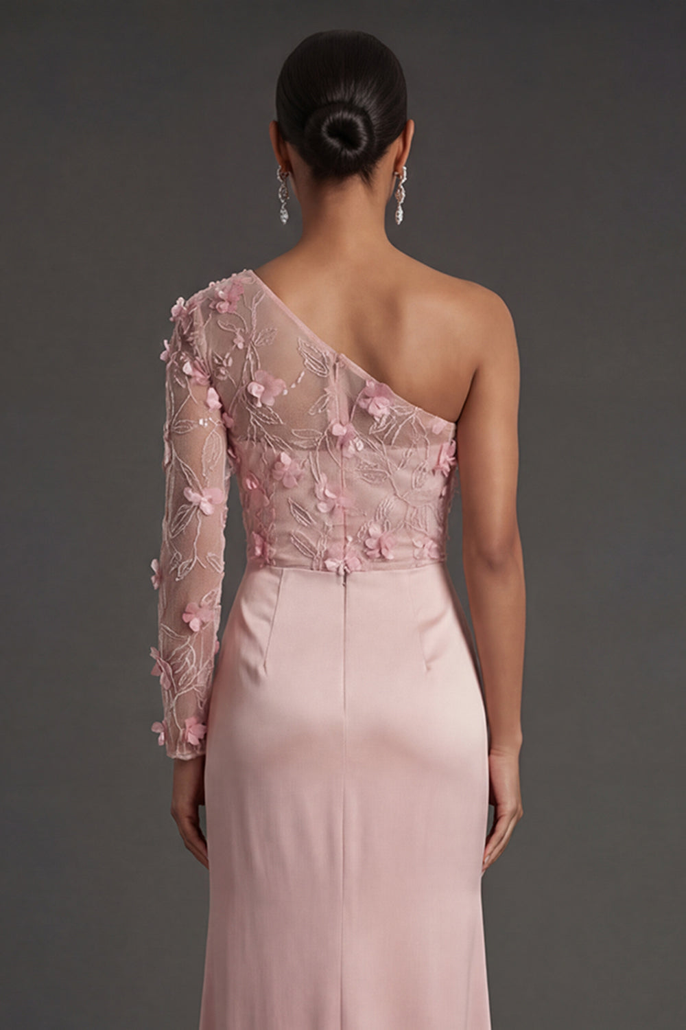 Dusty Rose Floral Sheath Ruched One Shoulder Long Formal Dress with Slit