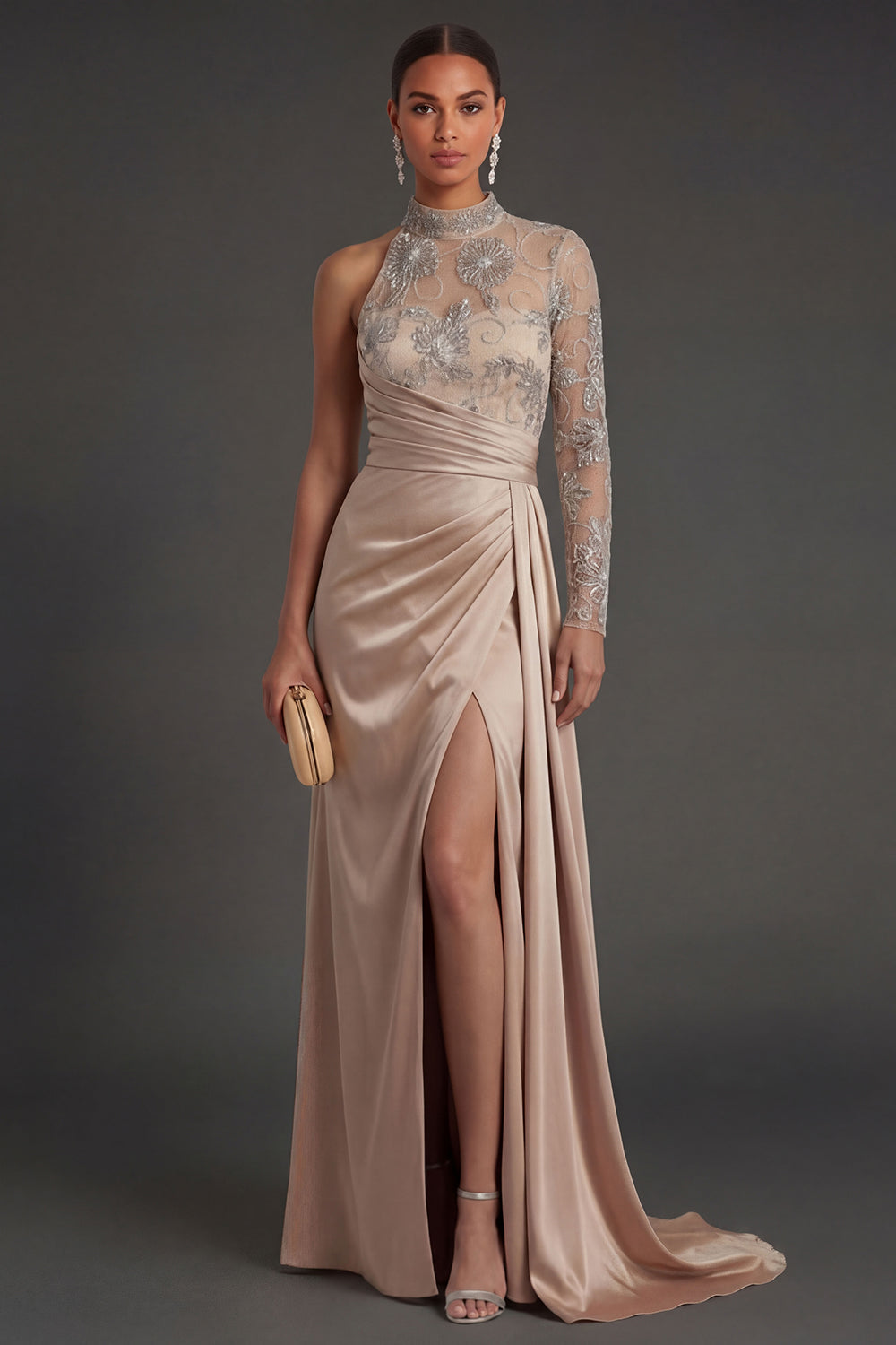 Leely Women One Shoulder Champagne Satin Long Formal Dress with Slit Appliqued Ruched Backless Wedding Guest Dress