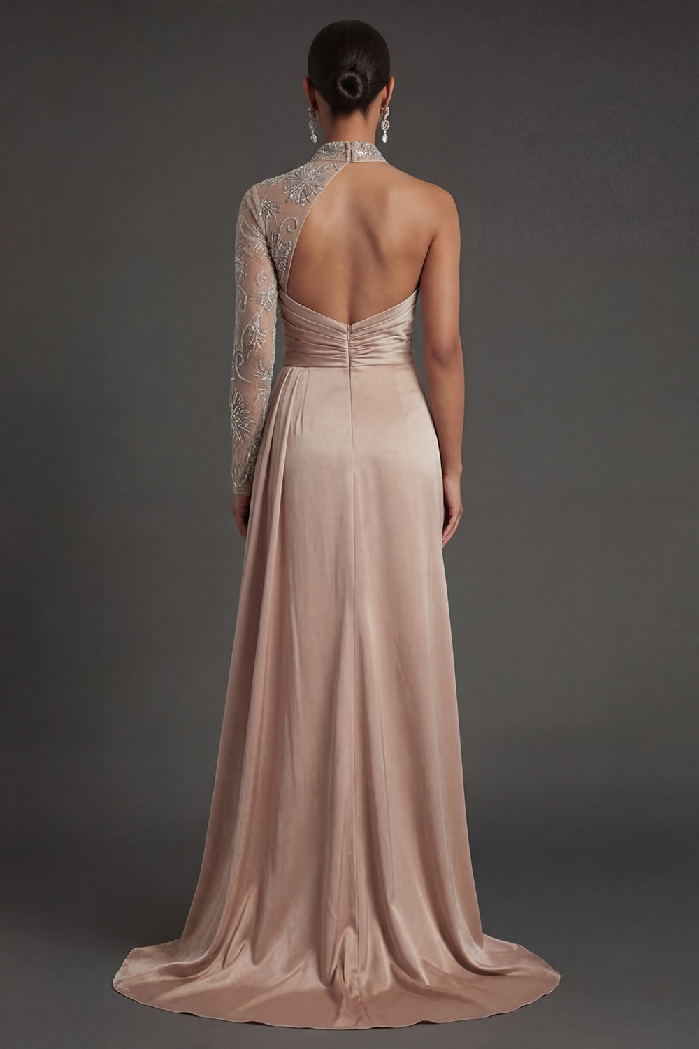 One Shoulder Champagne Satin Appliqued Ruched Long Formal Dress with Slit