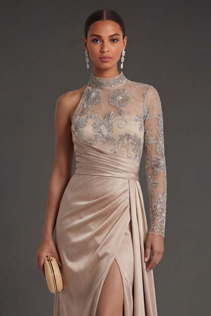 One Shoulder Champagne Satin Appliqued Ruched Long Formal Dress with Slit