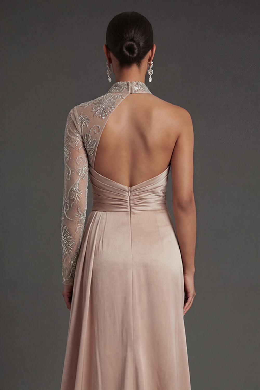 One Shoulder Champagne Satin Appliqued Ruched Long Formal Dress with Slit