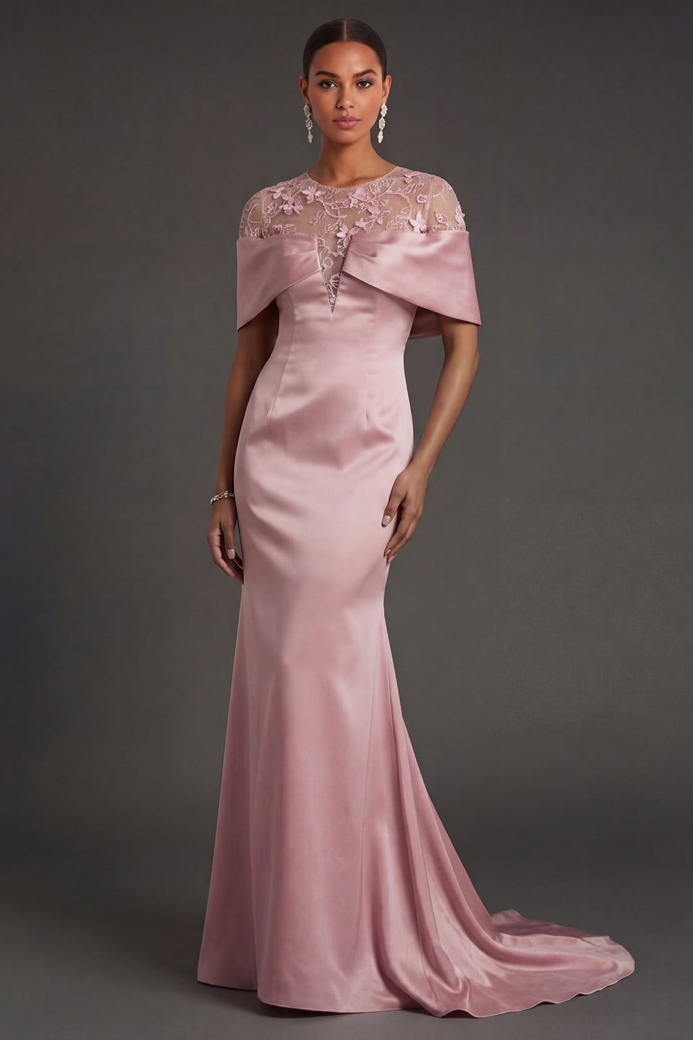 Pink Satin Floral Illusion Neck Long Formal Dress