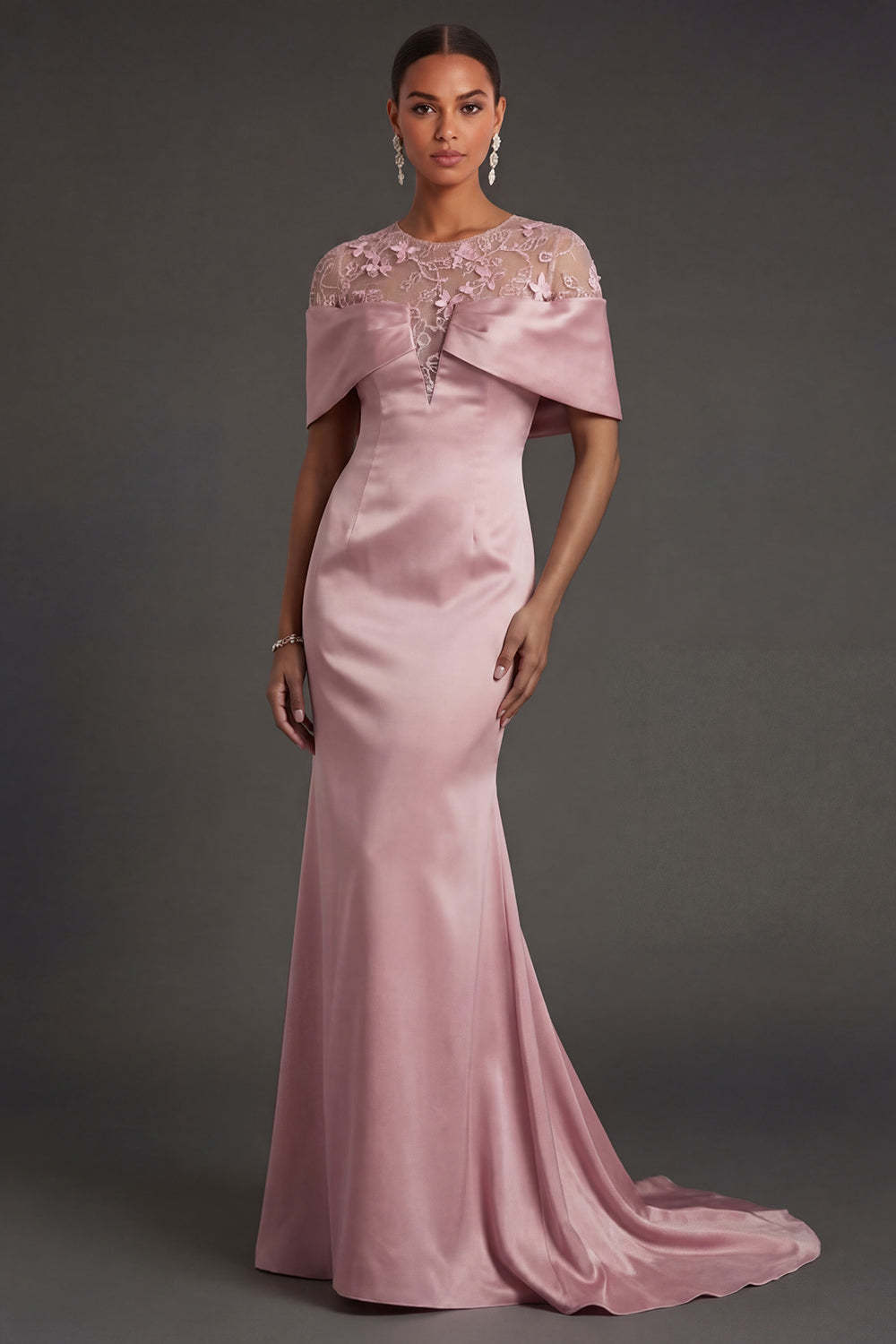 Leely Women Pink Satin Floral Illusion Neck Long Formal Dress Appliqued Sheath Wedding Guest Dress