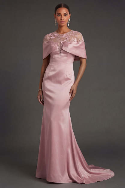 Leely Women Pink Satin Floral Illusion Neck Long Formal Dress Appliqued Sheath Wedding Guest Dress