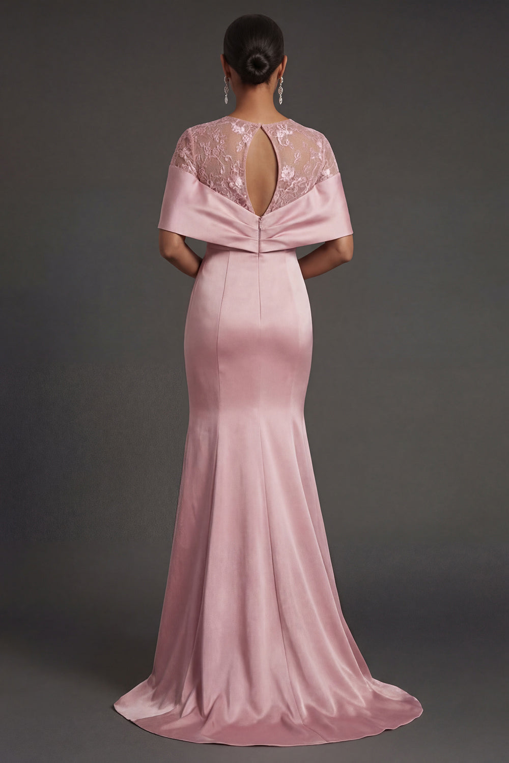 Pink Satin Floral Illusion Neck Long Formal Dress