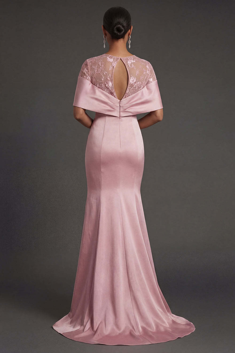 Pink Satin Floral Illusion Neck Long Formal Dress