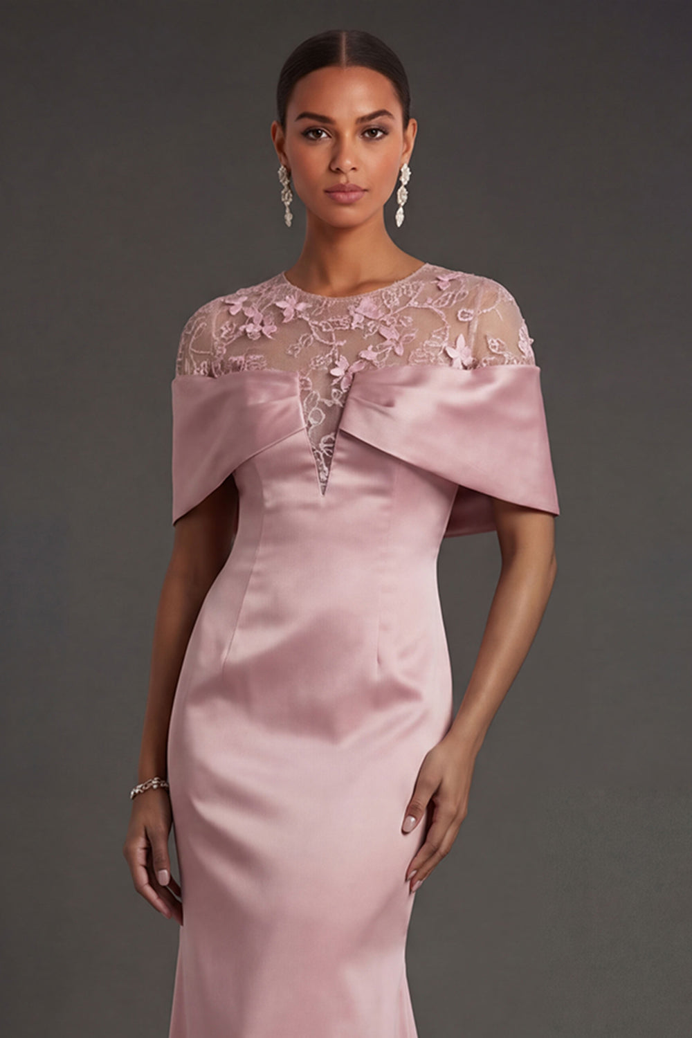 Pink Satin Floral Illusion Neck Long Formal Dress