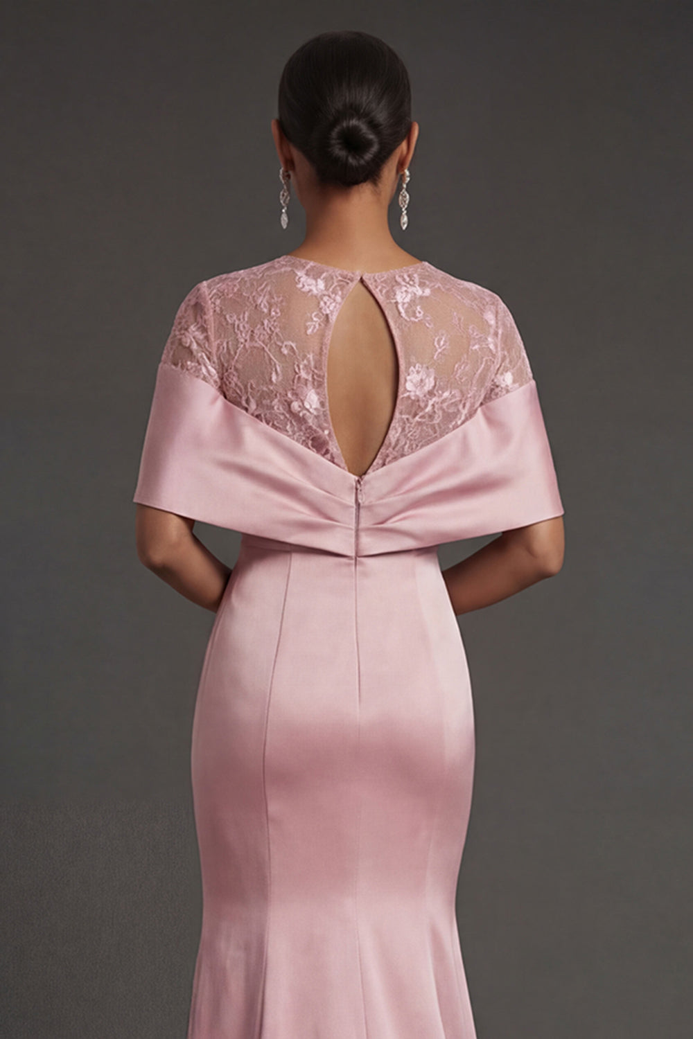 Pink Satin Floral Illusion Neck Long Formal Dress