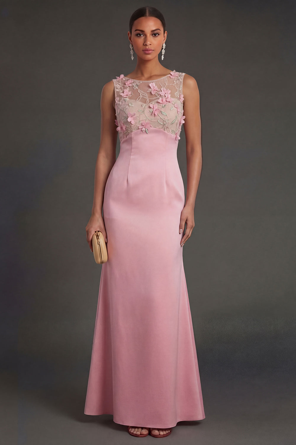 Leely Women Sheath Pink Floral Appliqued Long Formal Dress Illusion Neck Sleeveless Wedding Guest Dress