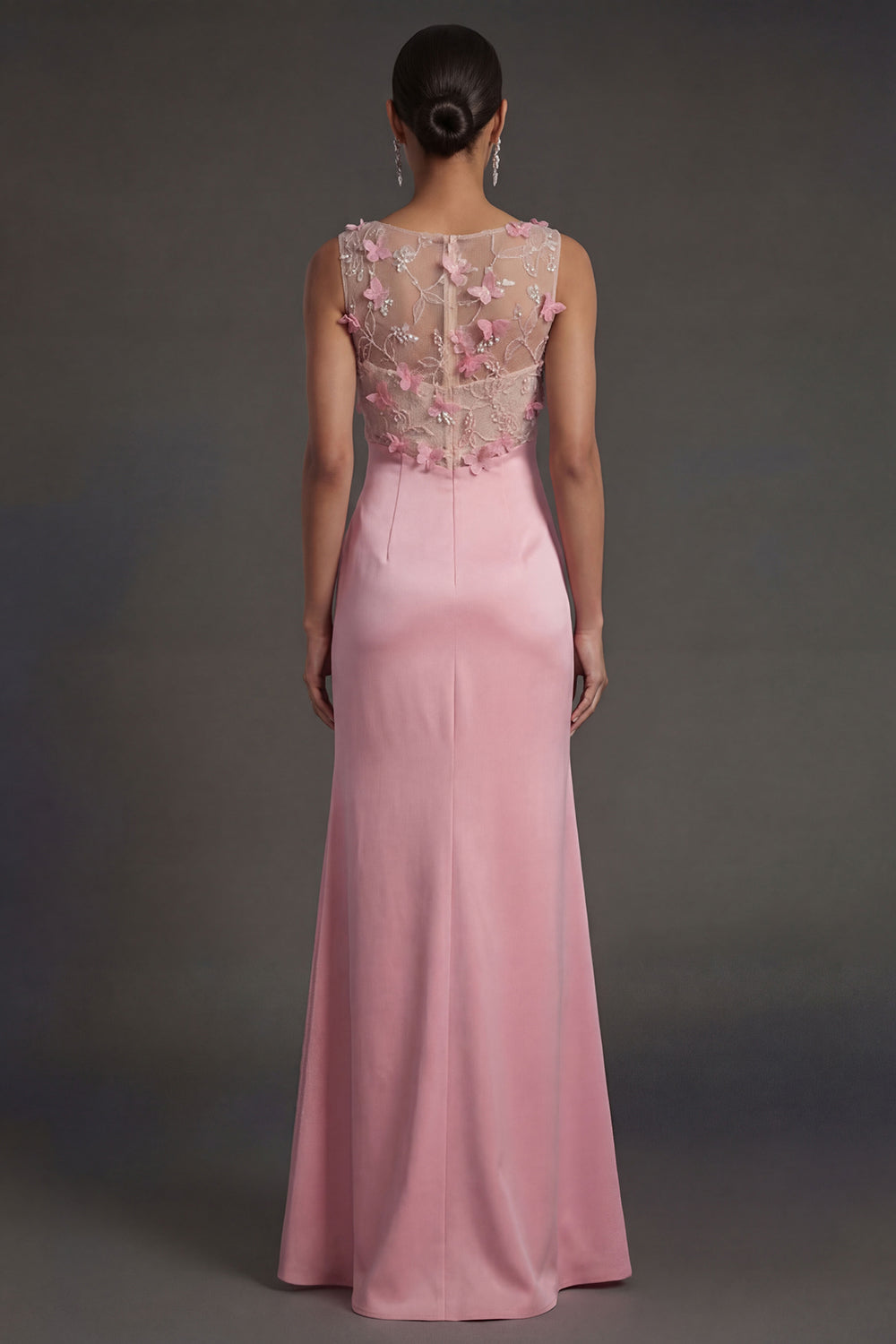 Sheath Pink Floral Appliqued Illusion Neck Long Formal Dress