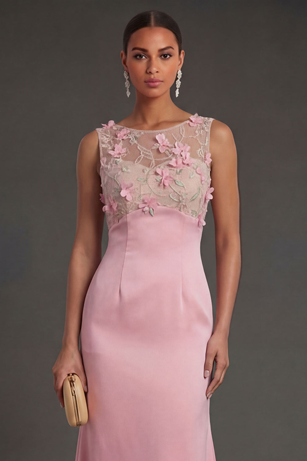 Sheath Pink Floral Appliqued Illusion Neck Long Formal Dress