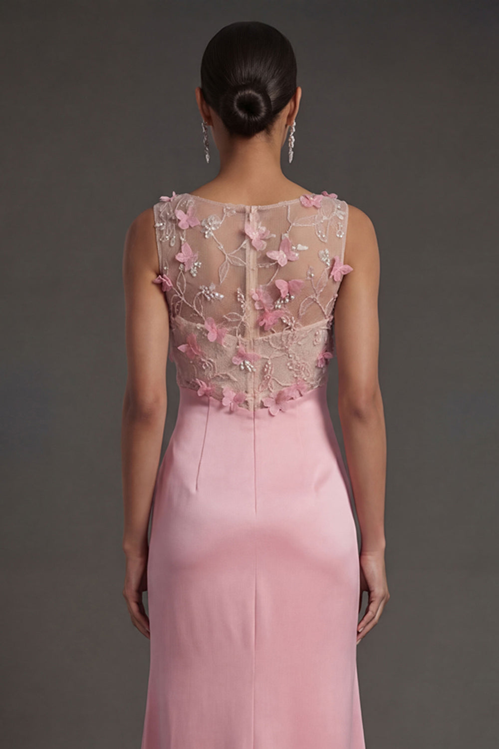Sheath Pink Floral Appliqued Illusion Neck Long Formal Dress
