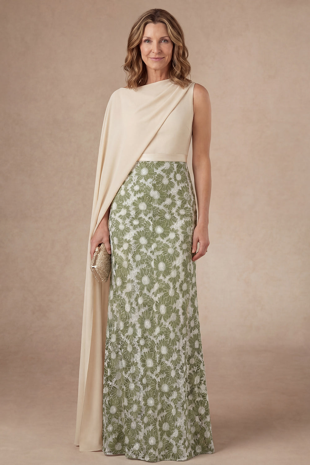 Leely Women Sheath Green Floral Long Mother of the Bride Dress with Cape Sleeveless Embroidered Evening Dress