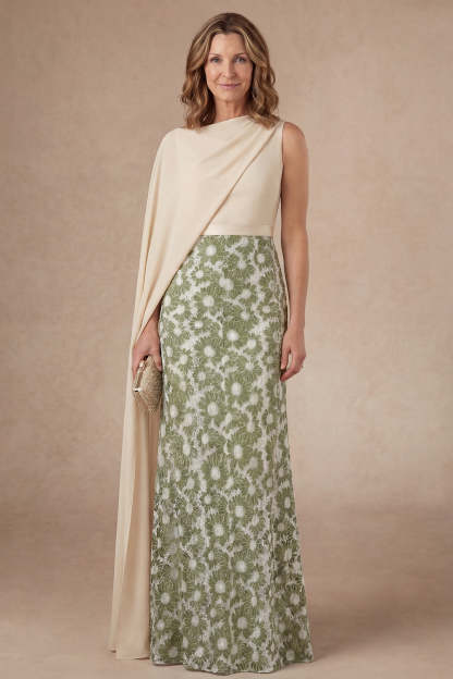 Leely Women Sheath Green Floral Long Mother of the Bride Dress with Cape Sleeveless Embroidered Evening Dress