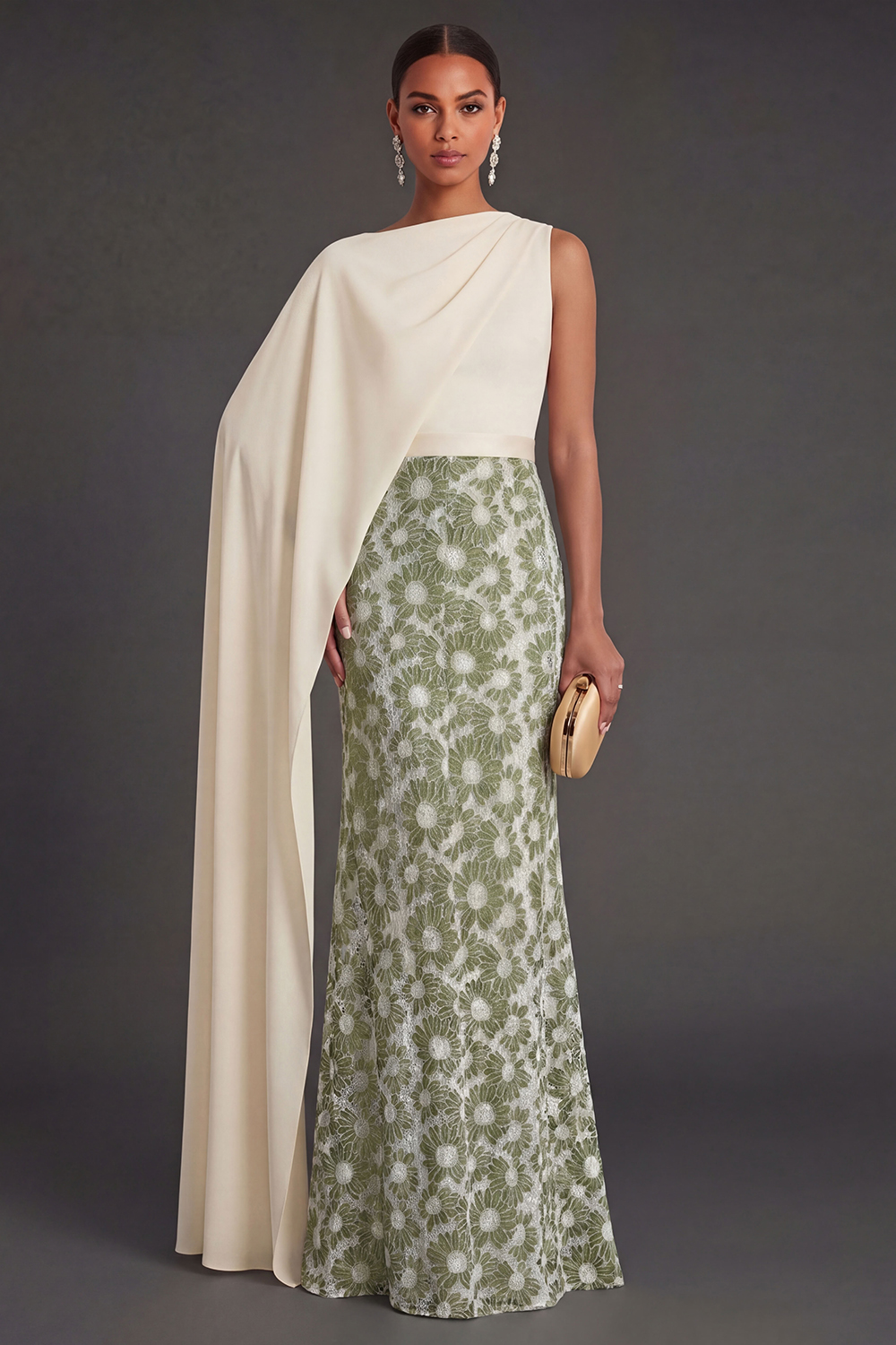 Sheath Green Floral Long Formal Dress with Cape