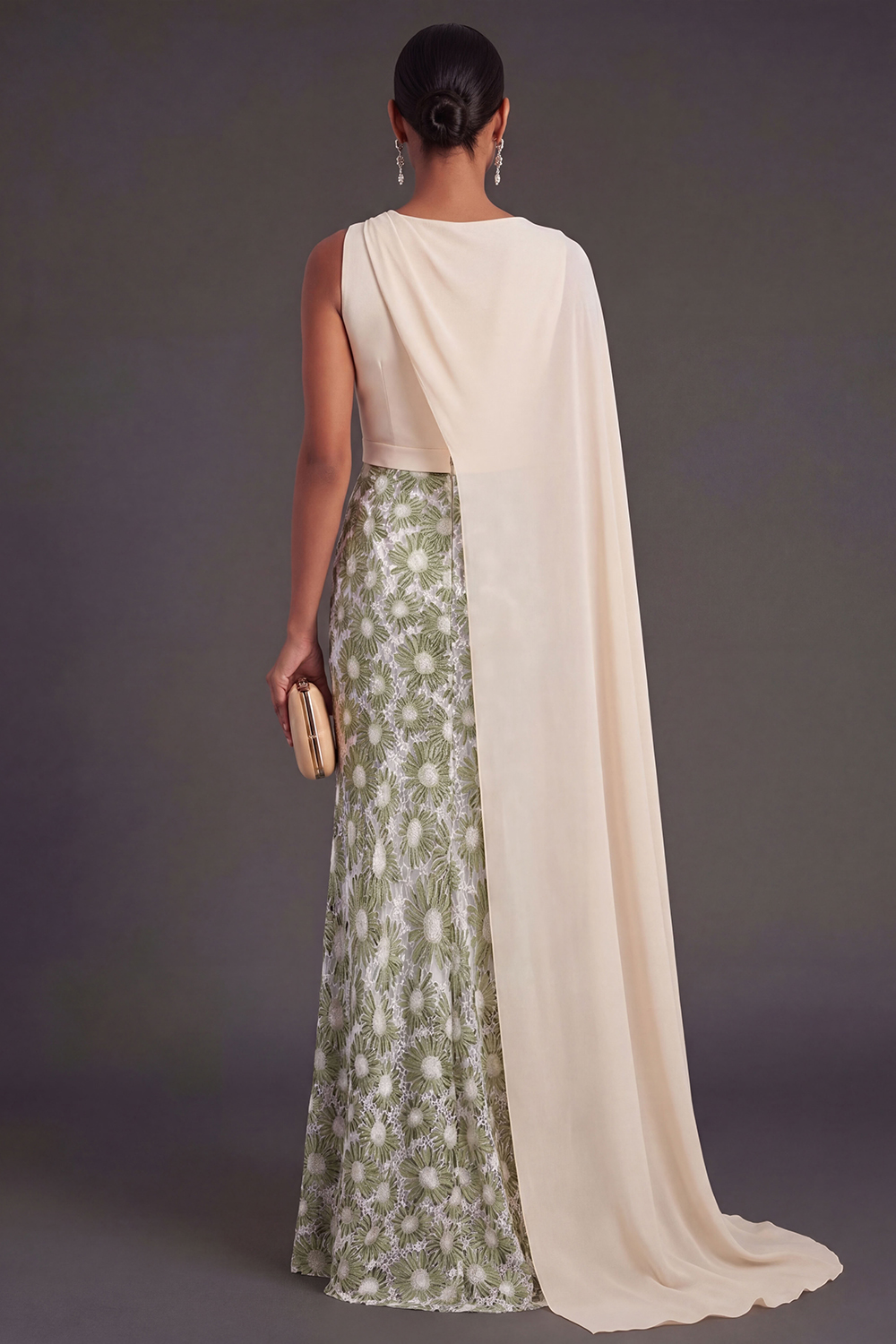 Sheath Green Floral Long Formal Dress with Cape