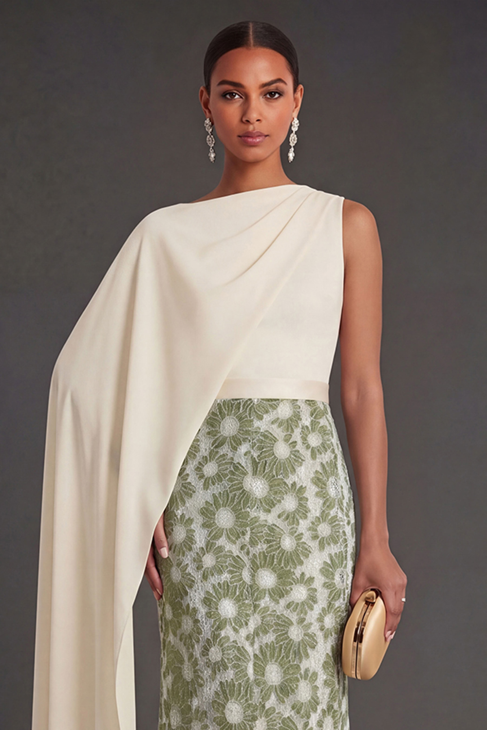 Sheath Green Floral Long Formal Dress with Cape