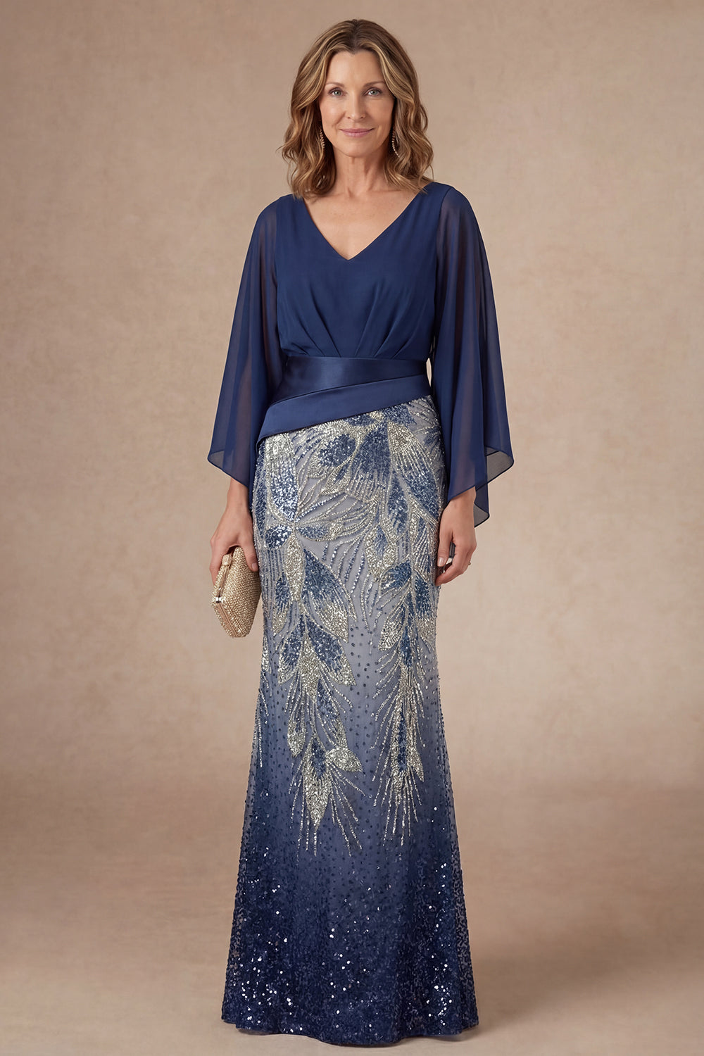 Leely Women Navy Floral A Line V Neck Long Mother of the Bride Dress Sparkly Beaded Flutter Sleeves Evening Dress