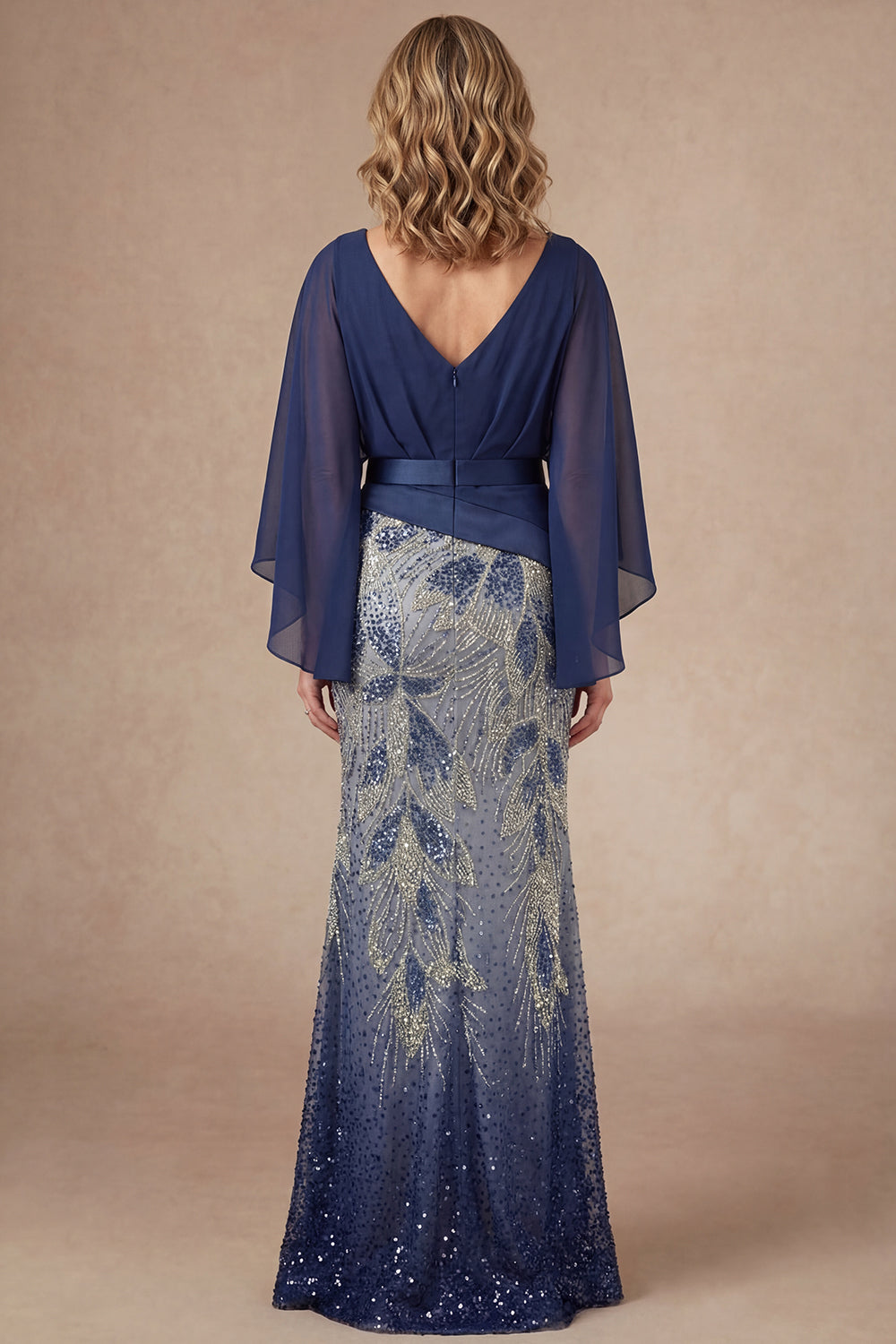 Navy Floral A Line Sparkly V Neck Long Mother of the Bride Dress