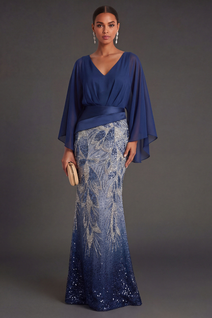 Leely Women Navy Floral A Line V Neck Long Formal Dress Sparkly Beaded Flutter Sleeves Evening Dress