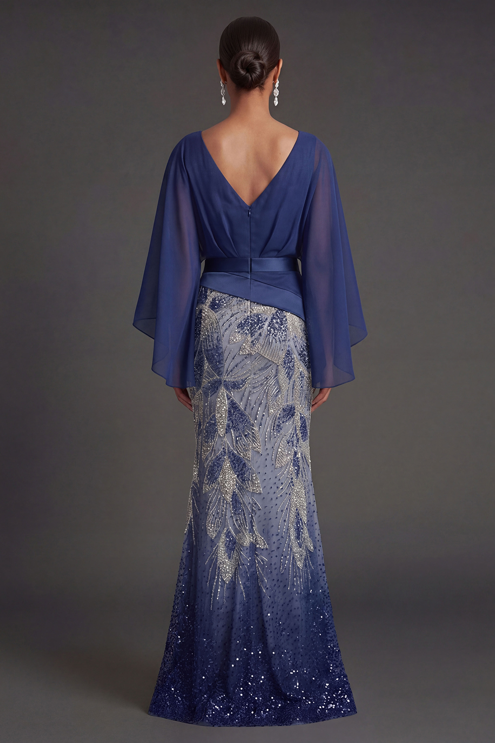 Navy Floral A Line Sparkly V Neck Long Formal Dress