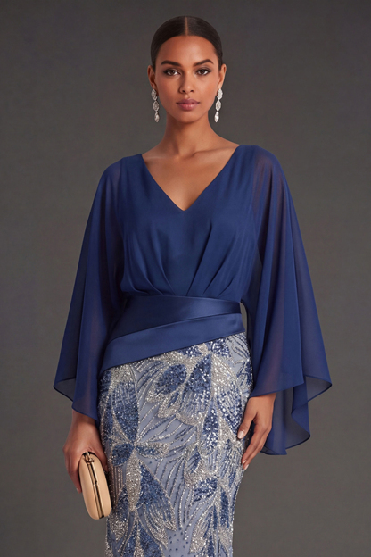 Navy Floral A Line Sparkly V Neck Long Formal Dress