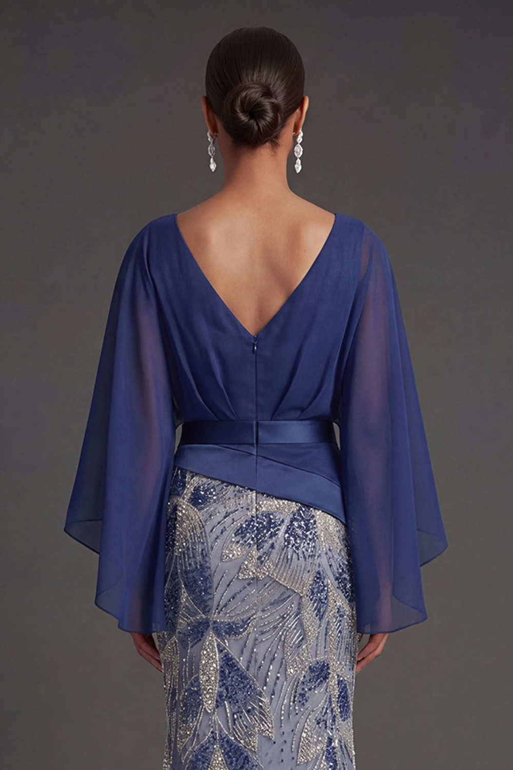 Navy Floral A Line Sparkly V Neck Long Formal Dress