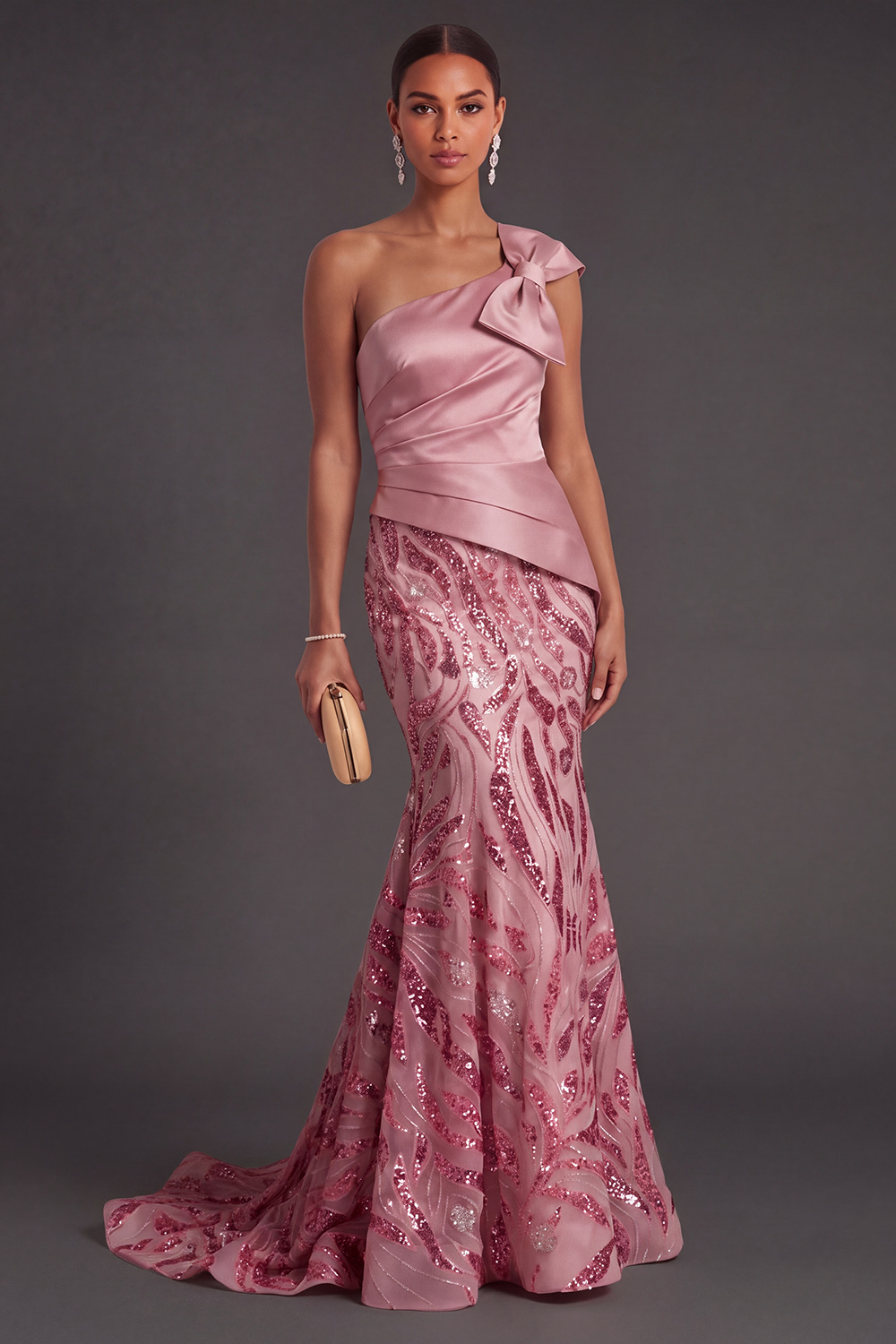 Leely Women One Shoulder Sparkly Sequins Mermaid Pink Long Formal Dress Ruched Backless Sleeveless Wedding Guest Dress