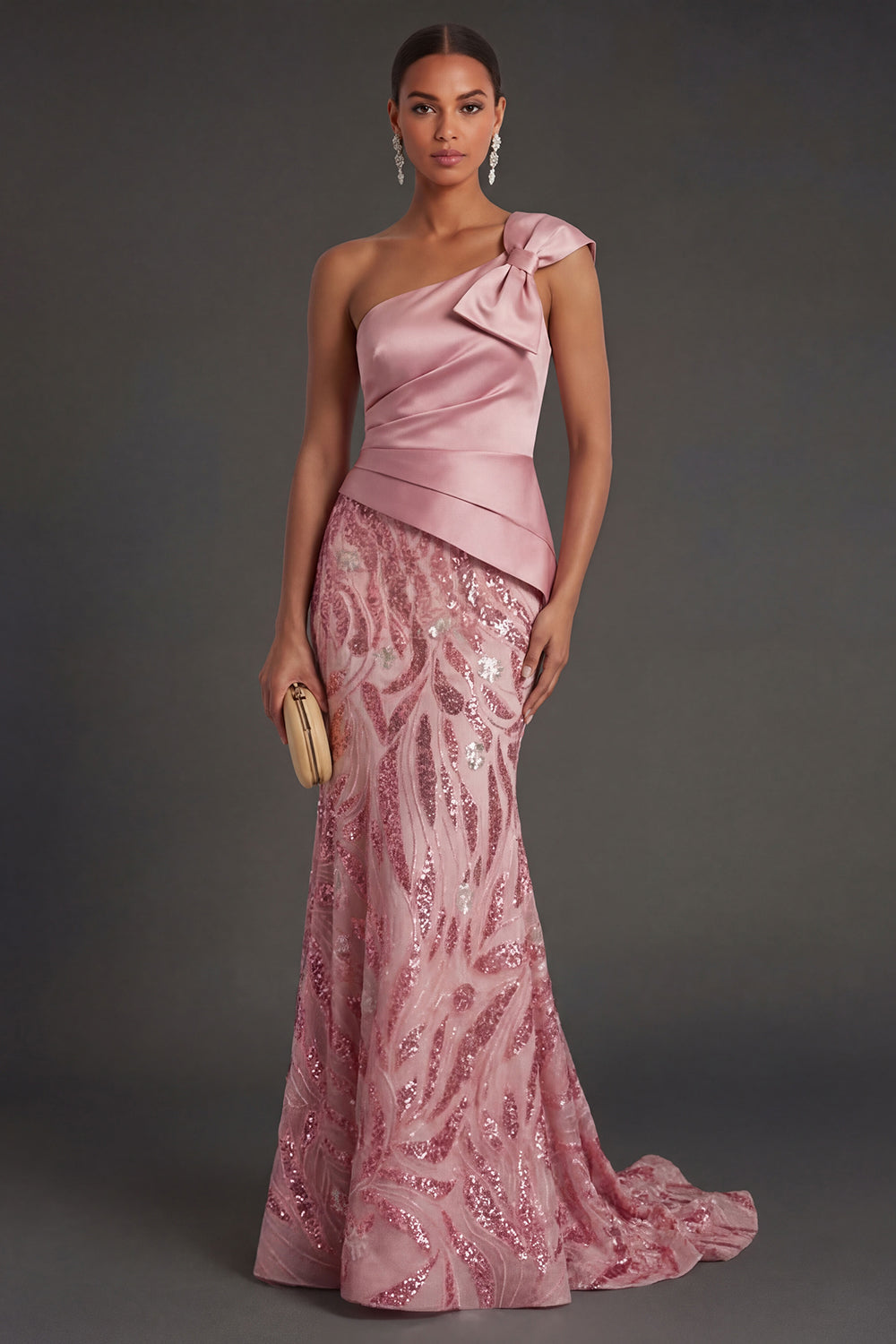 Leely Women One Shoulder Sparkly Mermaid Pink Long Formal Dress Ruched Backless Sleeveless Wedding Guest Dress