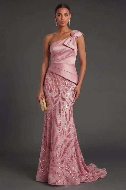 Leely Women One Shoulder Sparkly Mermaid Pink Long Formal Dress Ruched Backless Sleeveless Wedding Guest Dress