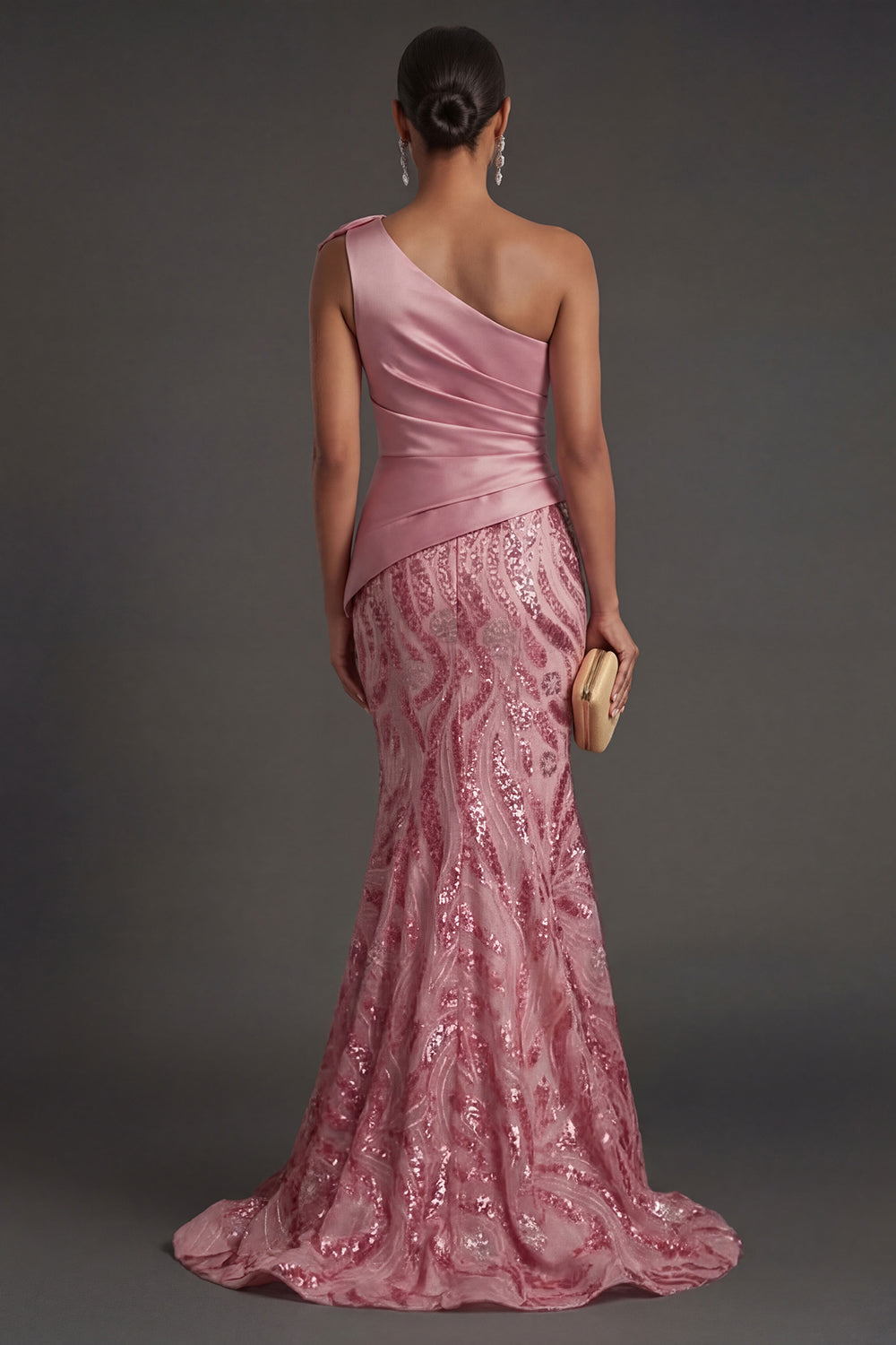 One Shoulder Sparkly Mermaid Ruched Pink Long Formal Dress