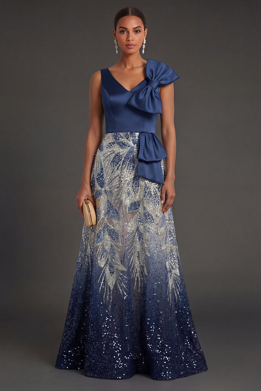 Leely Women A Line Sparkly Beaded V Neck Navy Long Formal Dress Backless Sleeveless Wedding Guest Dress