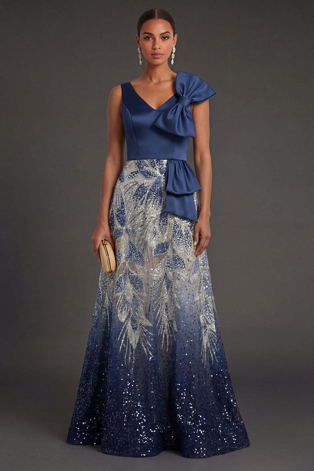 Leely Women A Line Sparkly Beaded V Neck Navy Long Formal Dress Backless Sleeveless Wedding Guest Dress