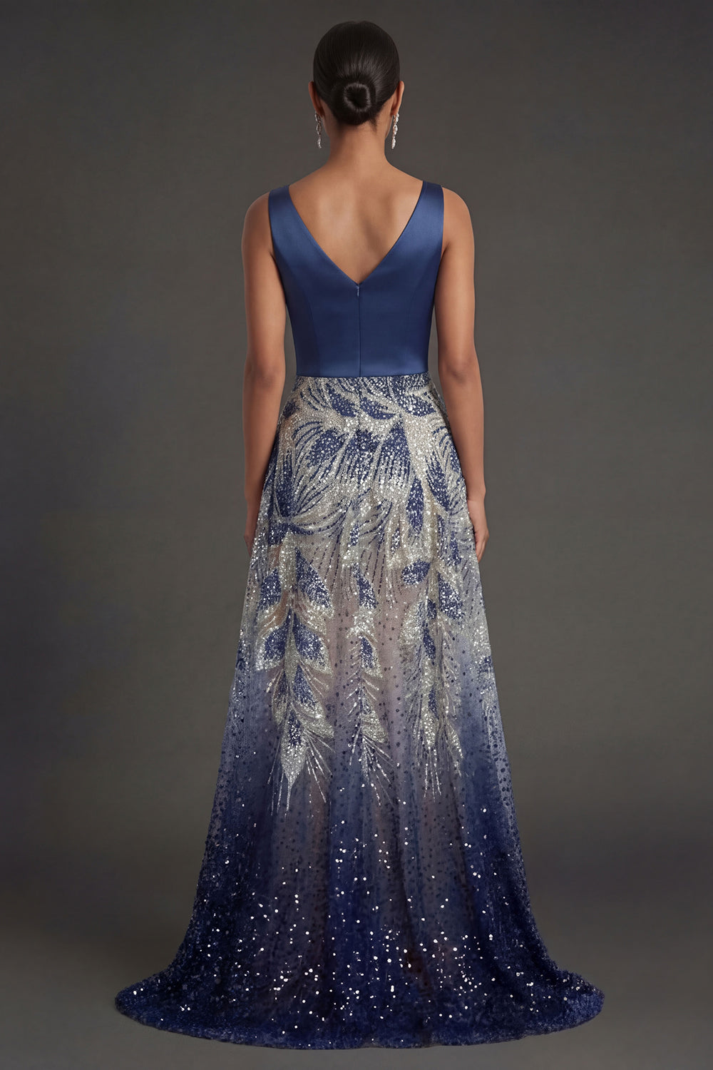 A Line Sparkly Beaded V Neck Navy Long Formal Dress