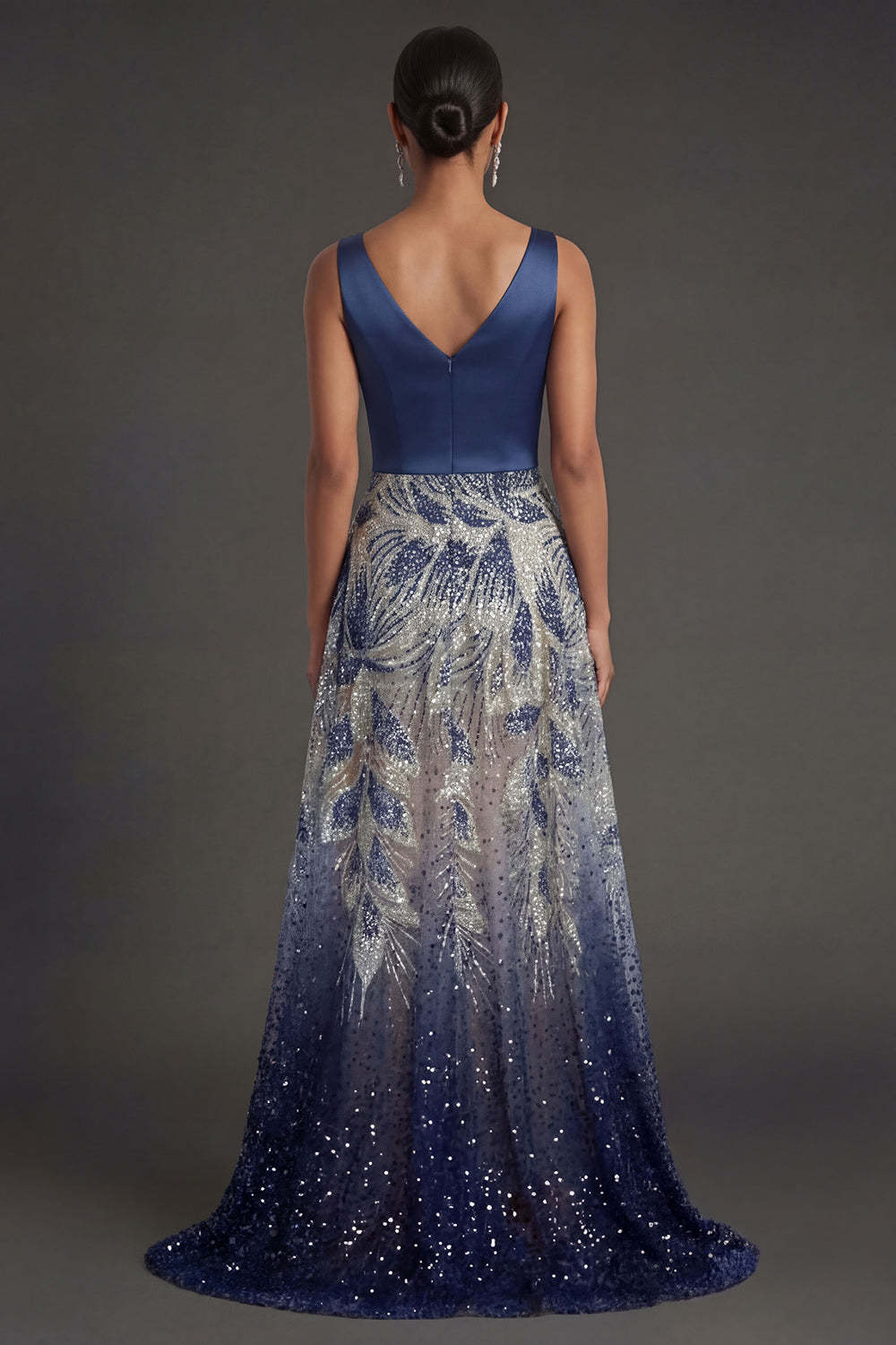 A Line Sparkly Beaded V Neck Navy Long Formal Dress