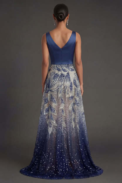 A Line Sparkly Beaded V Neck Navy Long Formal Dress