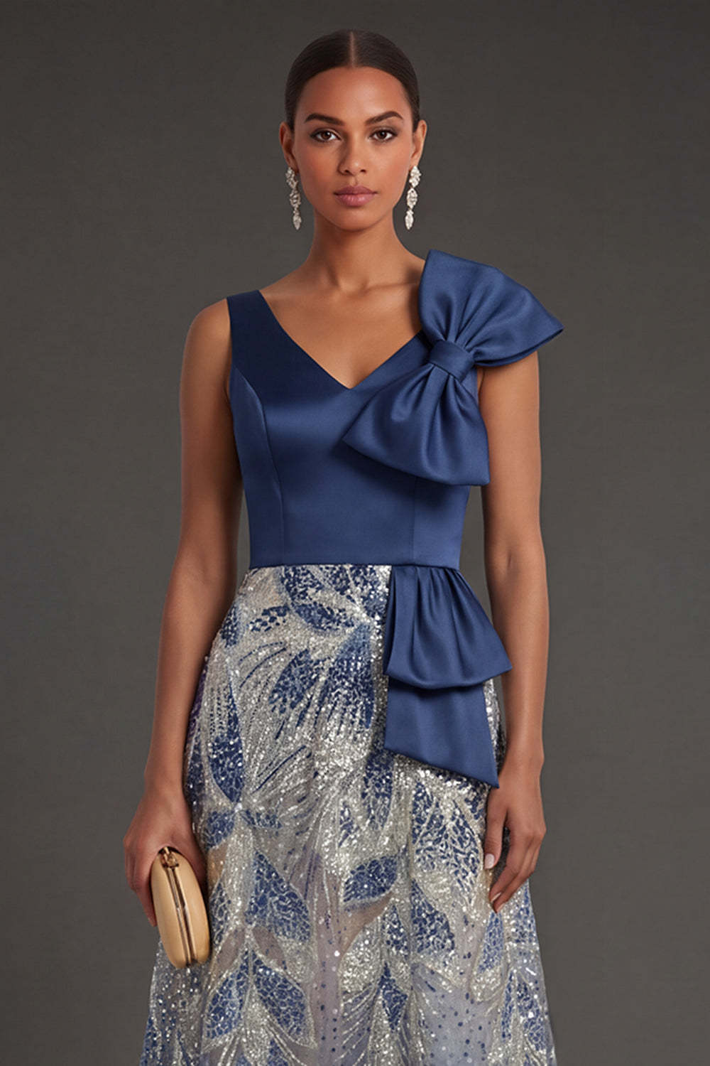 A Line Sparkly Beaded V Neck Navy Long Formal Dress