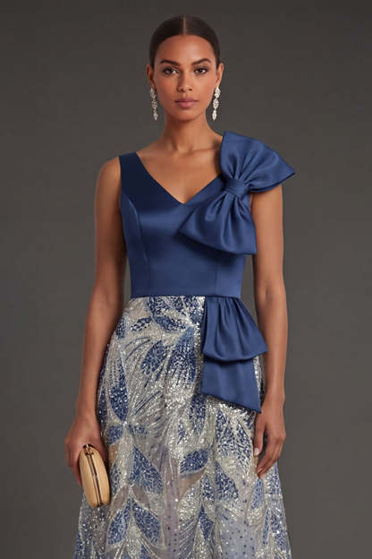 A Line Sparkly Beaded V Neck Navy Long Formal Dress