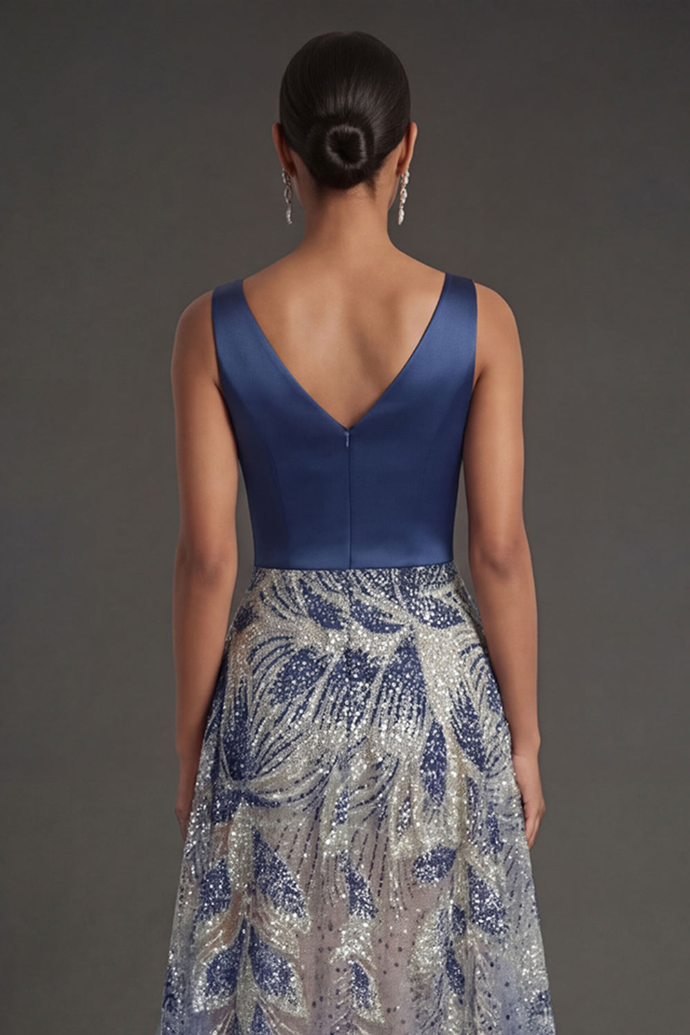 A Line Sparkly Beaded V Neck Navy Long Formal Dress